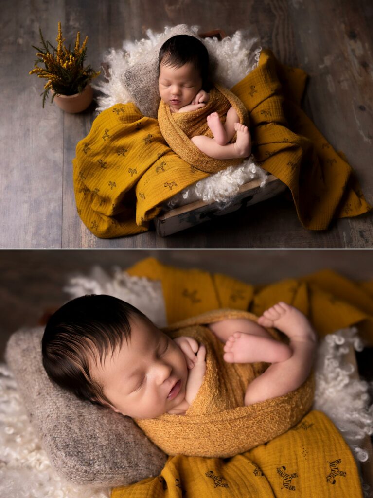 photos de bébé en jaune en studio à la naissance