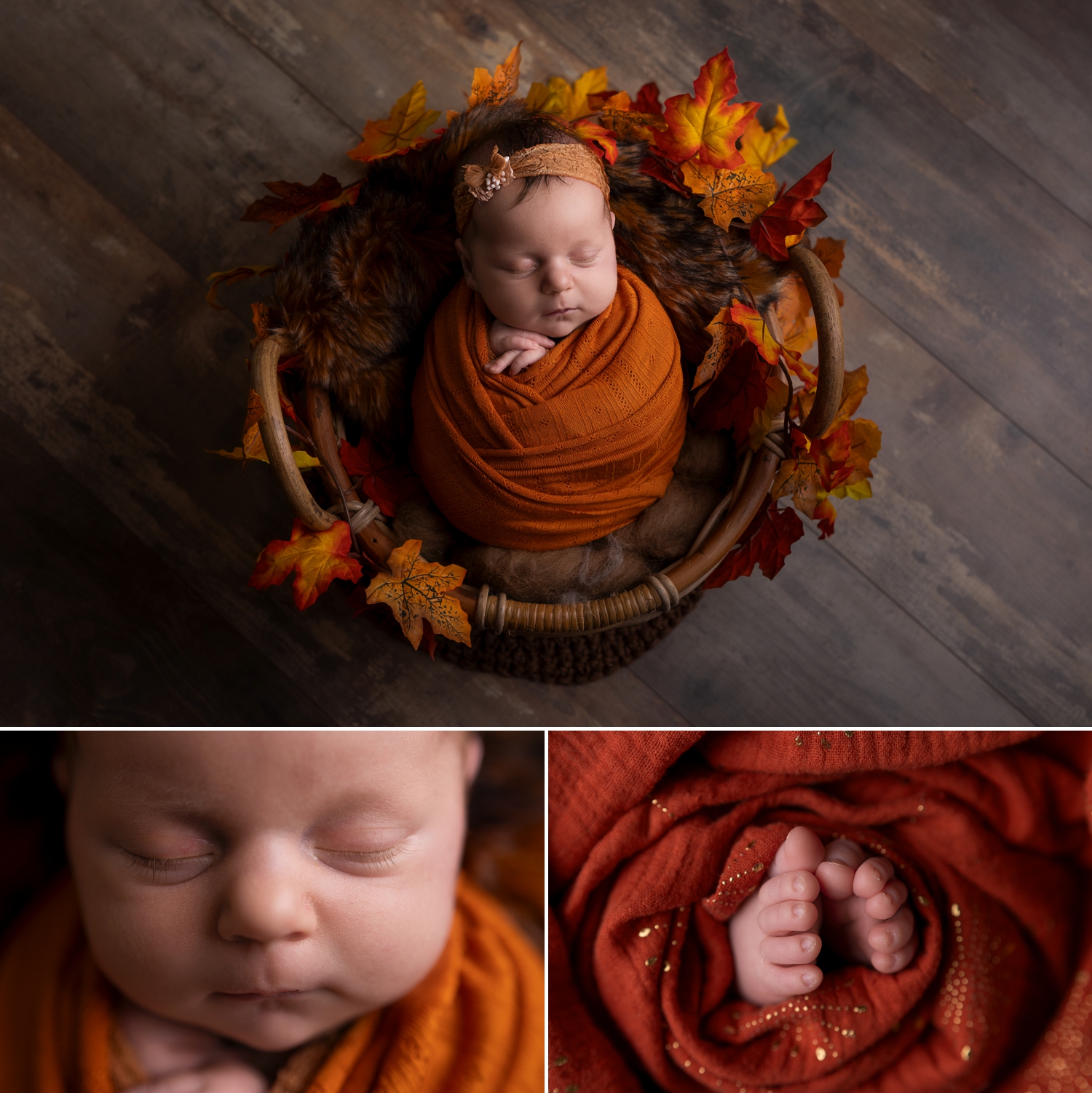 Bébé endormi dans un déco automnale, pour une photo douce et naturelle.